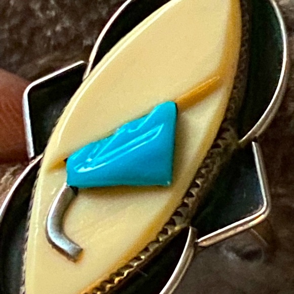 Vintage Navajo Sterling silver & antler bone with enamel turquoise inset ring - Picture 5 of 8